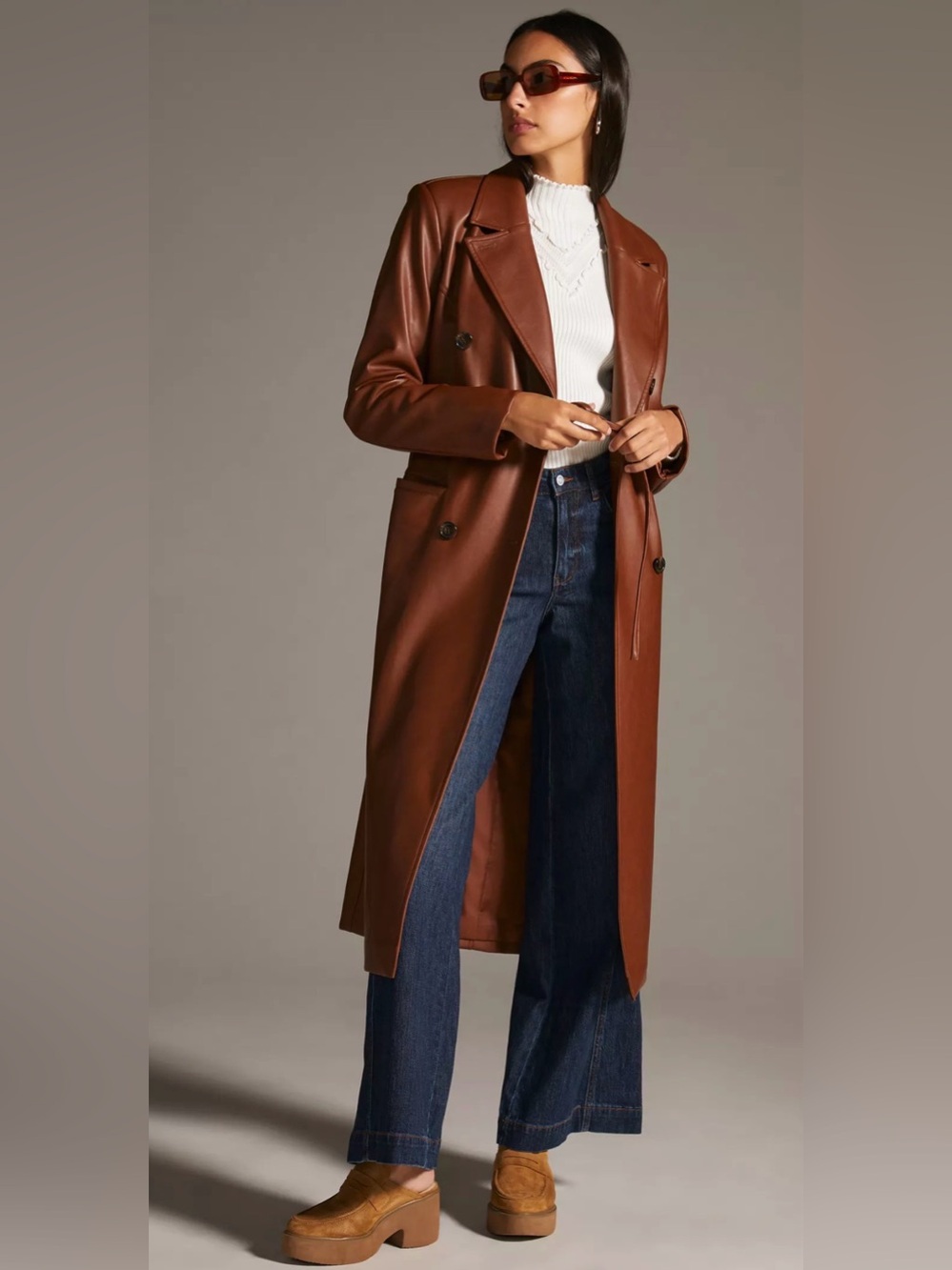 Anthropologie Avec Les Filles Long Brown Faux-Leather Trench Coat
